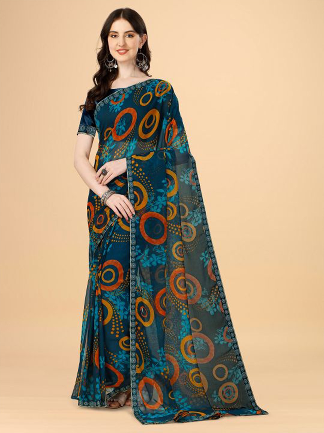 

Dori Geometric Printed Poly Chiffon Saree, Blue