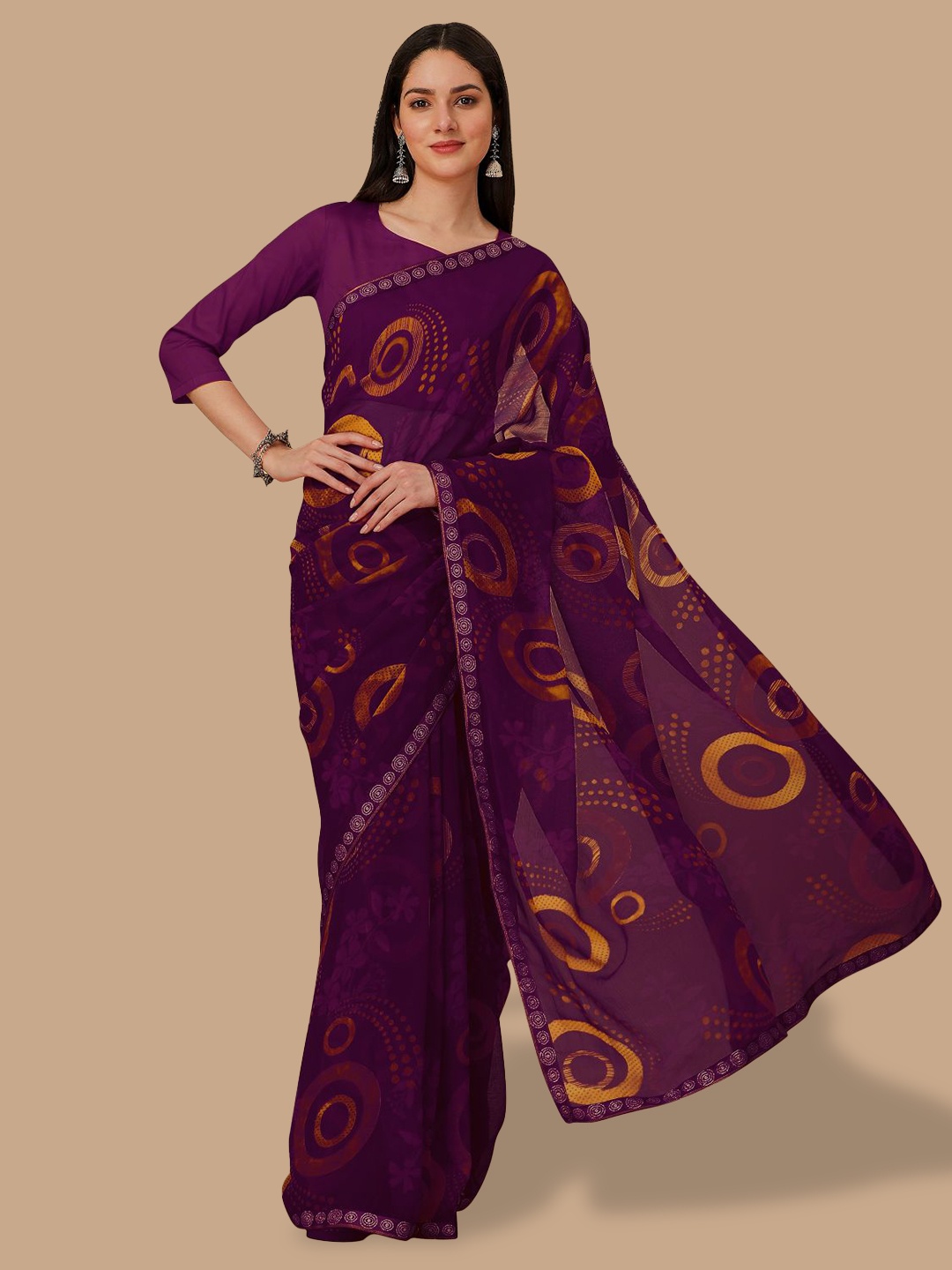 

Dori Geometric Printed Poly Chiffon Saree, Purple