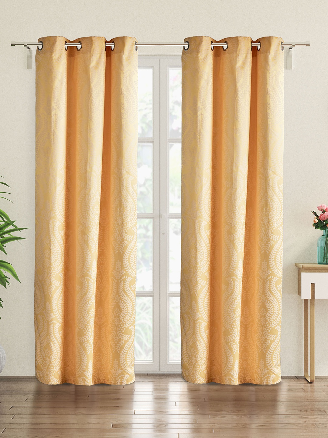 

Home Centre Griffin Yellow & White 2-Pieces Floral Black Out Door Curtains