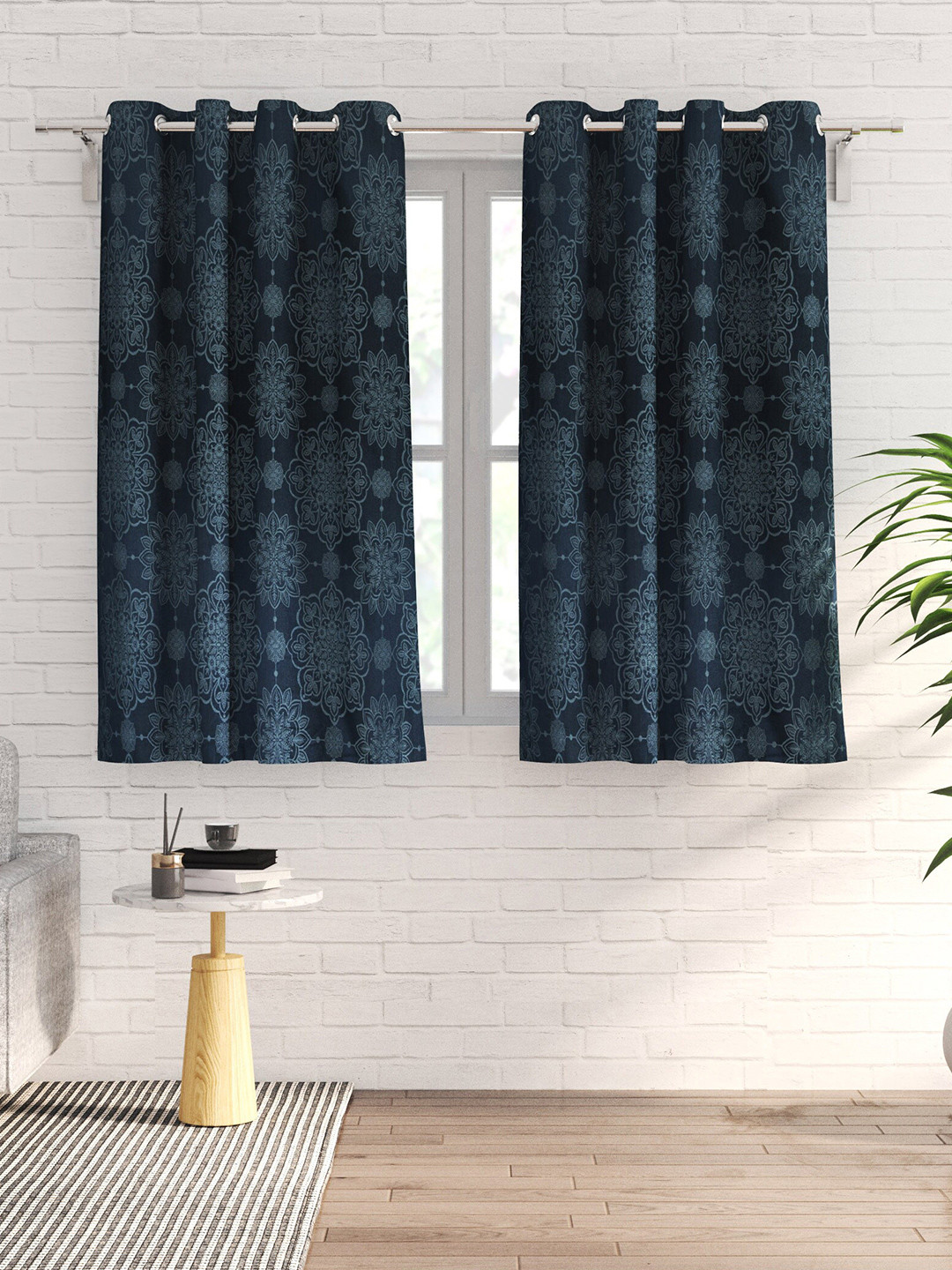 

Home Centre Blue & White 2-Pieces Floral Jacquard Black Out Window Curtains