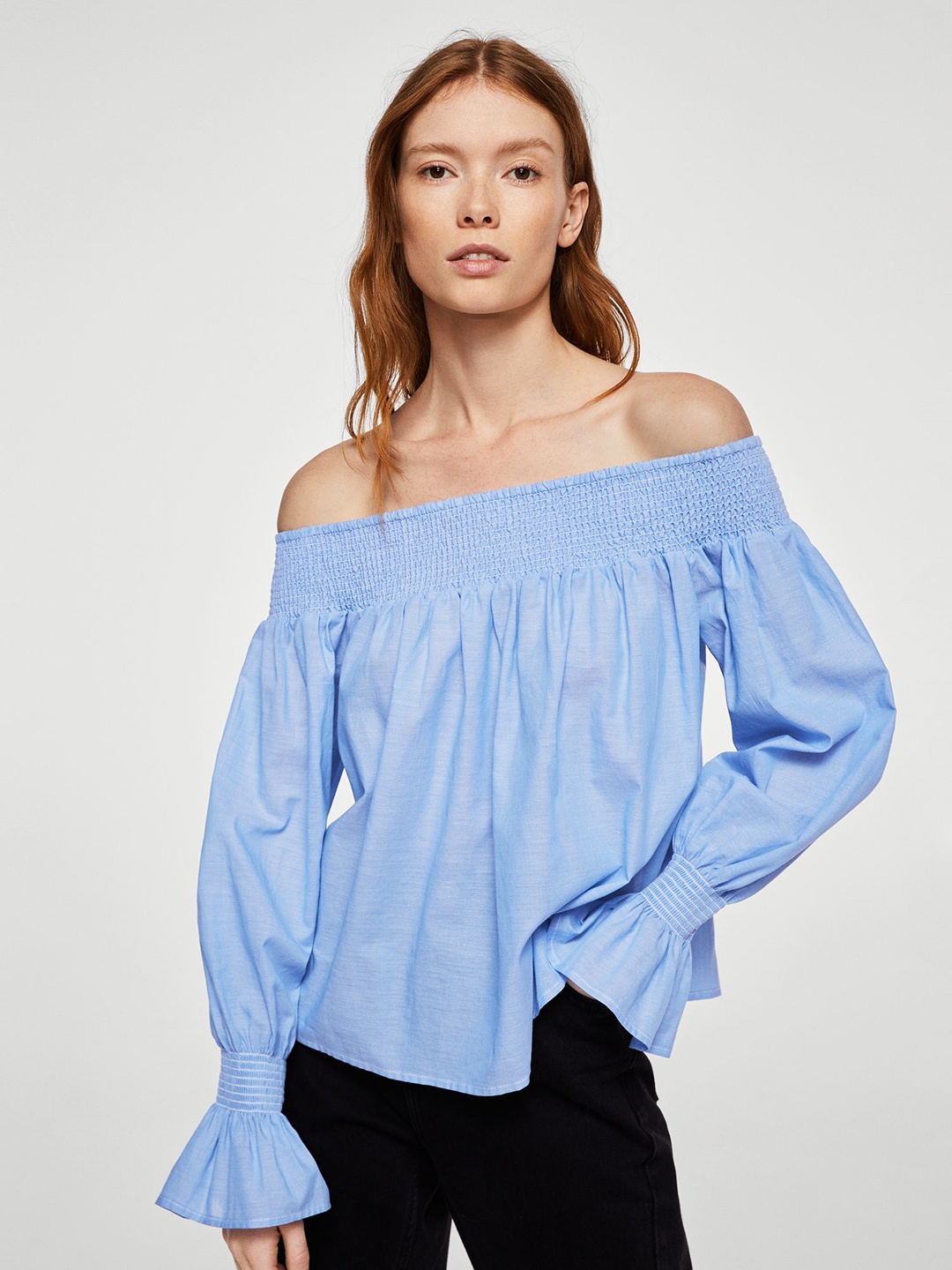 

MANGO Women Blue Solid Bardot Pure Cotton Top