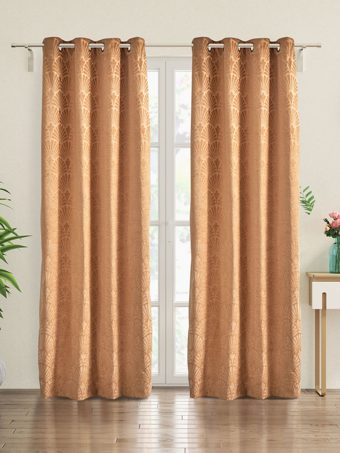 Home Centre Gold-Toned 2 Pieces Self Design Black Out Door Curtains