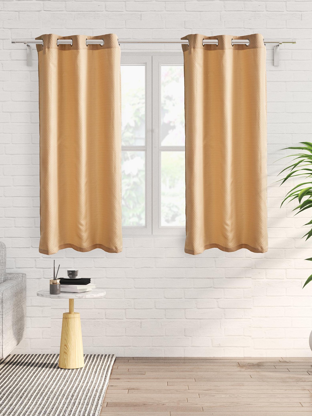 

Home Centre Sierra Beige 2-Pieces Jacquard Black Out Window Curtains
