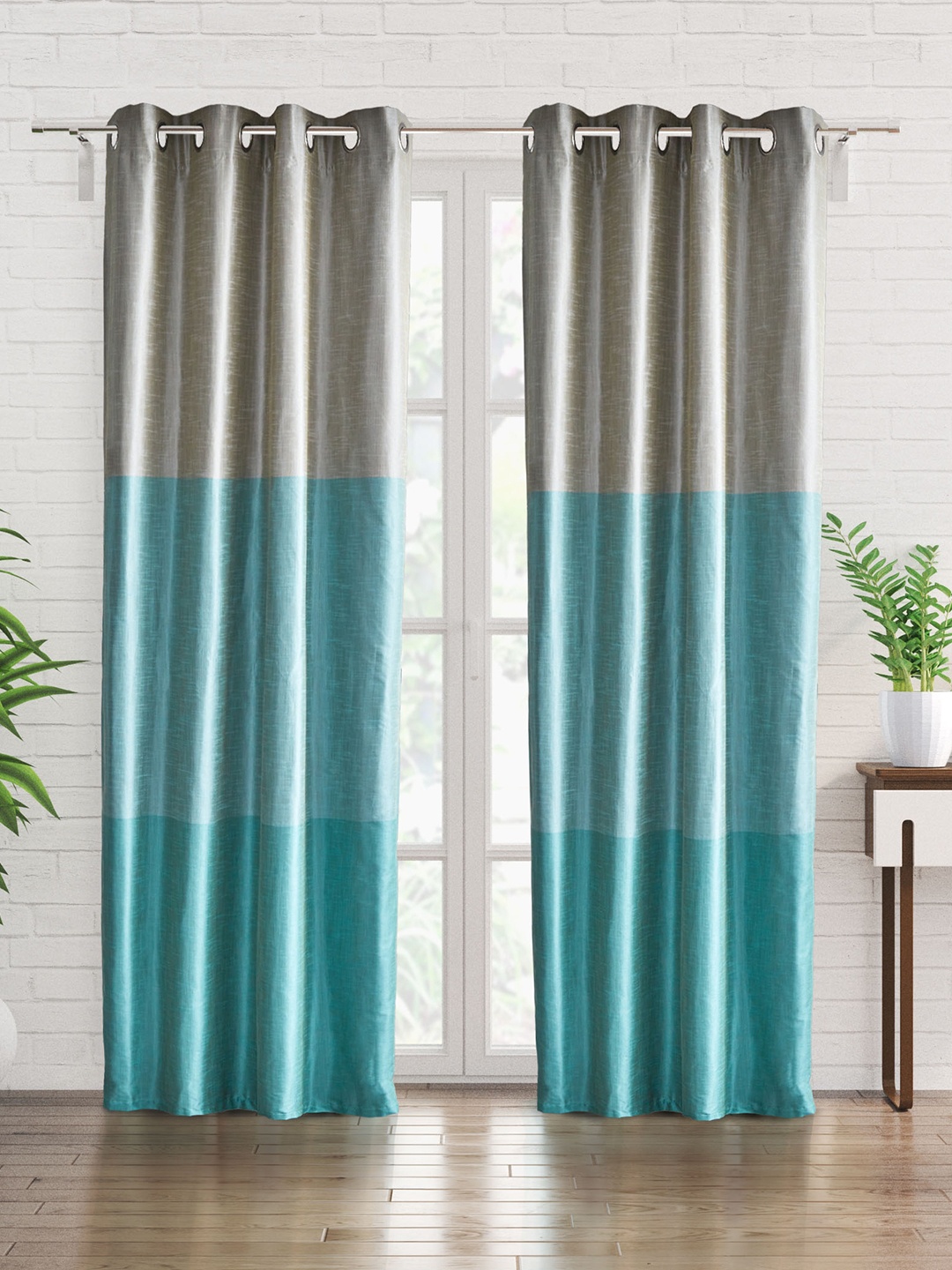 

Home Centre Contempo Teal & Grey 2-Pieces Colourblocked Black Out Door Curtains