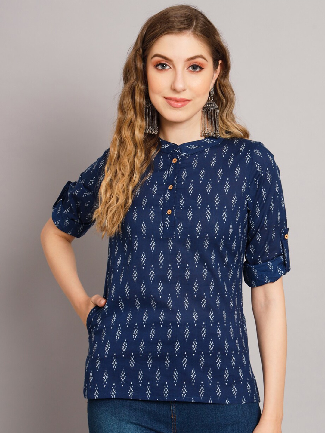 DECKEDUP Printed Mandarin Collar Roll-Up Sleeves Cotton Indigo Shirt Style Top, Blue