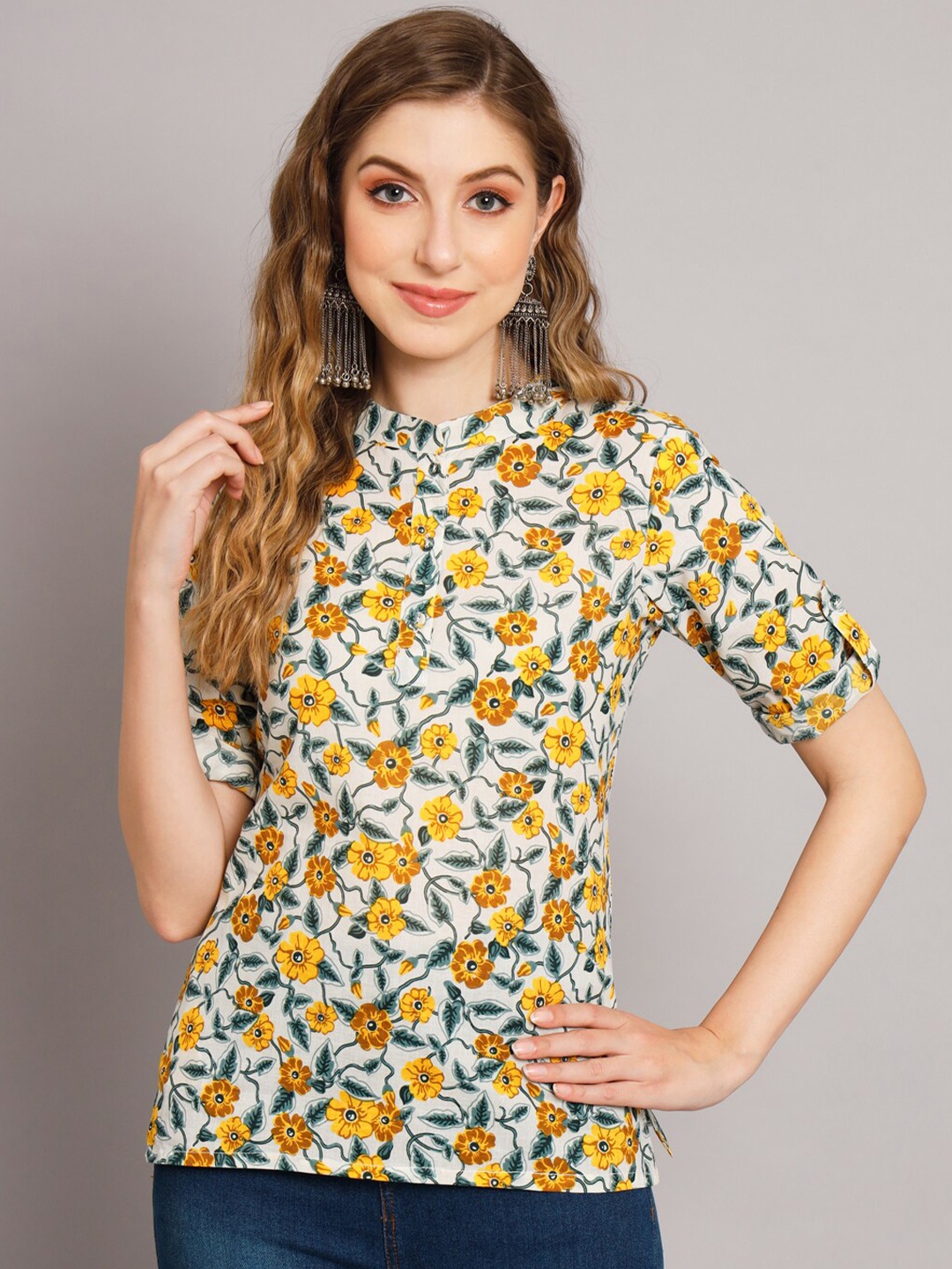 

DECKEDUP Floral Printed Mandarin Collar Cotton Top, Yellow