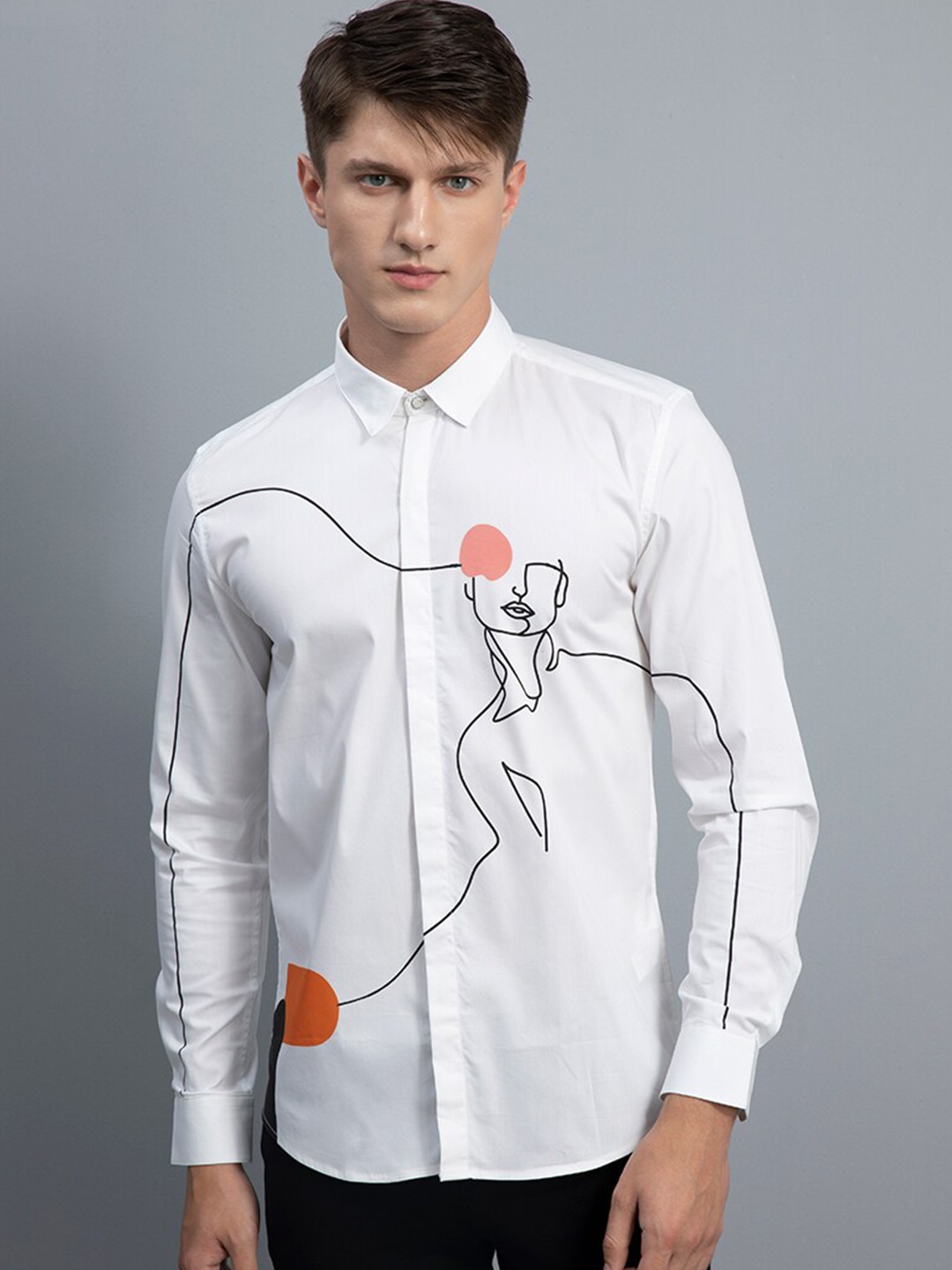

Snitch White Classic Graphic Printed Slim Fit Opaque Cotton Casual Shirt