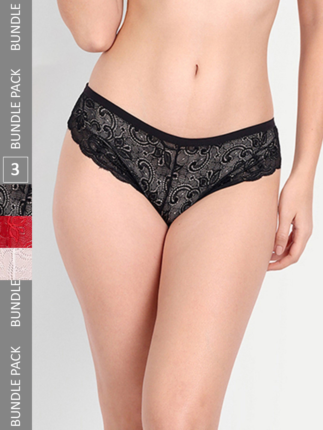 

StyFun Pack Of 3 Floral Lace Bikini Panty, Black