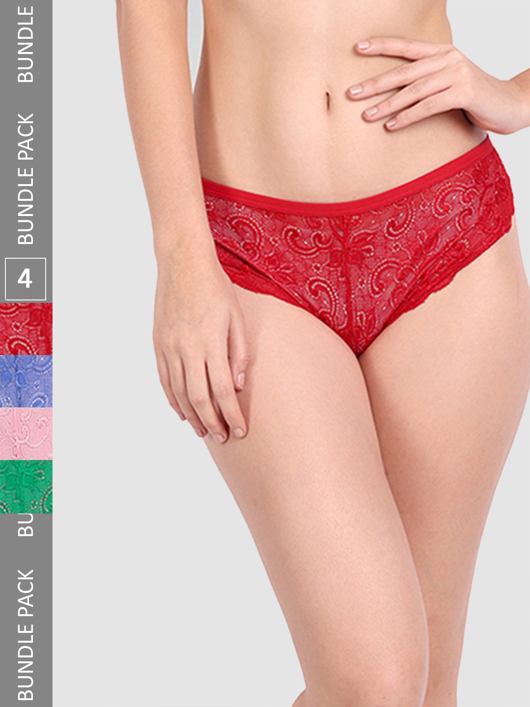 StyFun Pack Of 4 Floral Lace Bikini Panty, Red