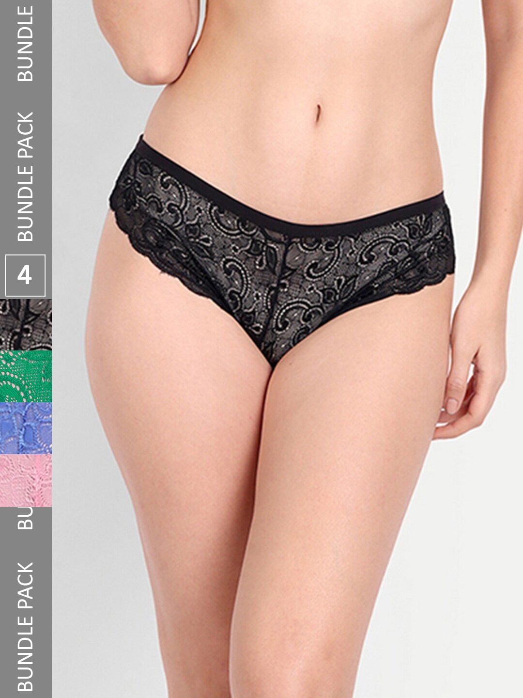 

StyFun Women Pack Of 4 Self-Design Lace Basic Briefs, Black