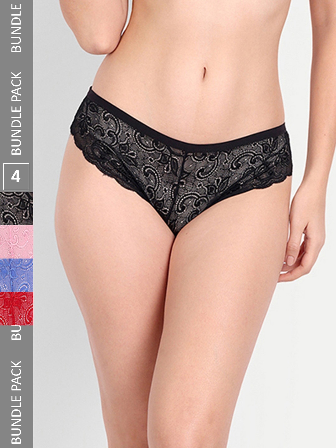 

StyFun Pack Of 4 Self-Design Low-Rise Lace Bikini Briefs, Black