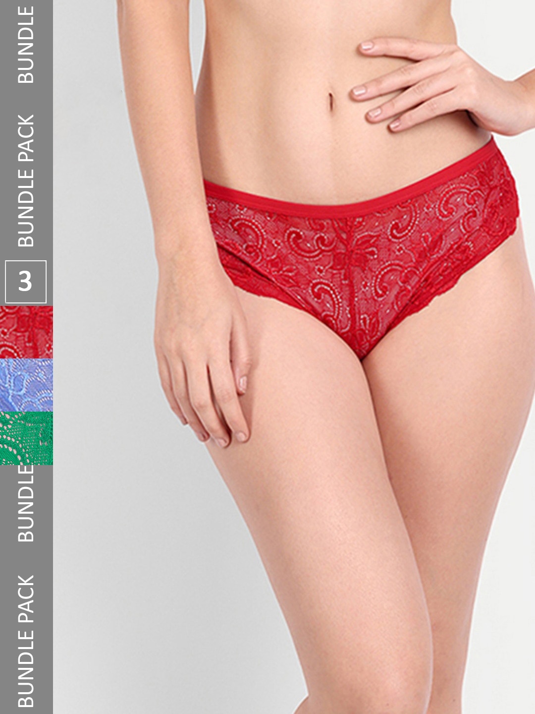 

StyFun Women Pack Of 3 Self-Design Lace Bikini Briefs, Red