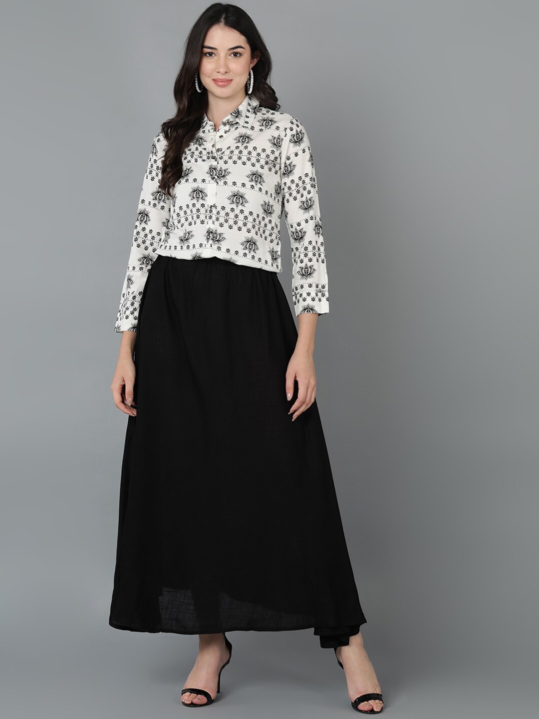 VAHSON Printed Shirt Collar Shirt with Skirt, White