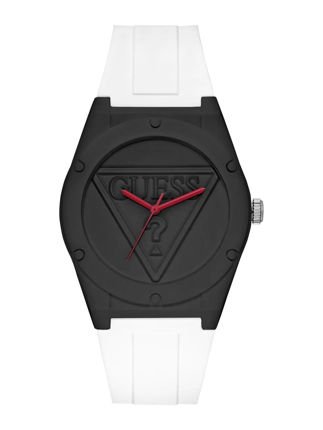 

GUESS Women Brass Skeleton Dial & White Textured Straps Analogue Watch W1319L1, Black