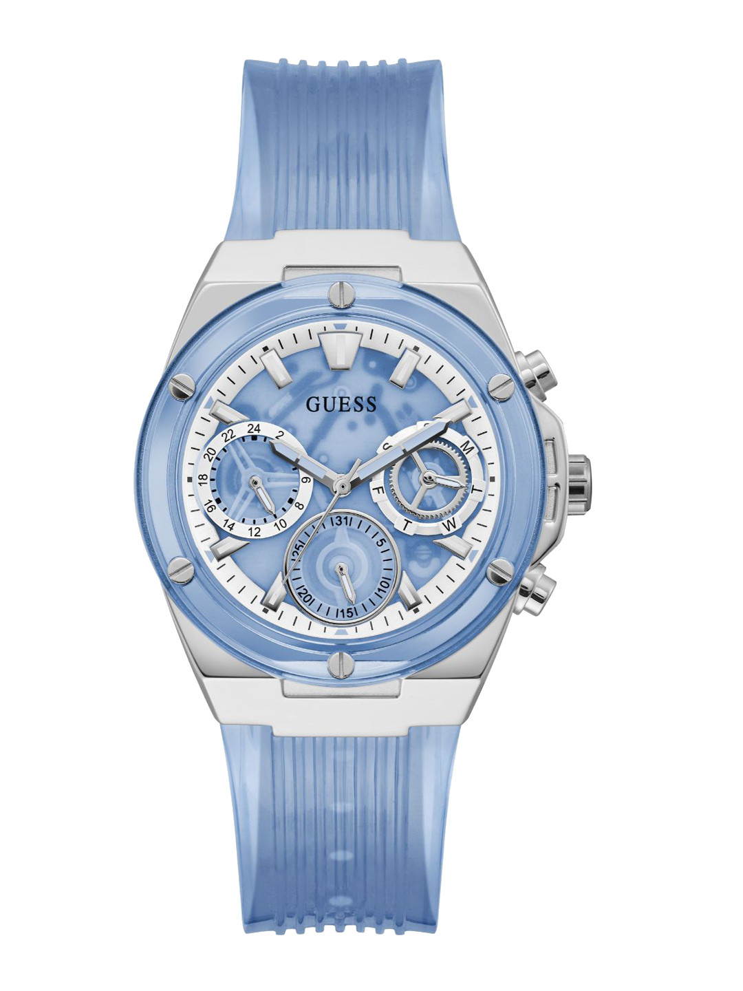 

GUESS Women Embellished Dial & Textured Straps Analogue Watch GW0409L1, Blue