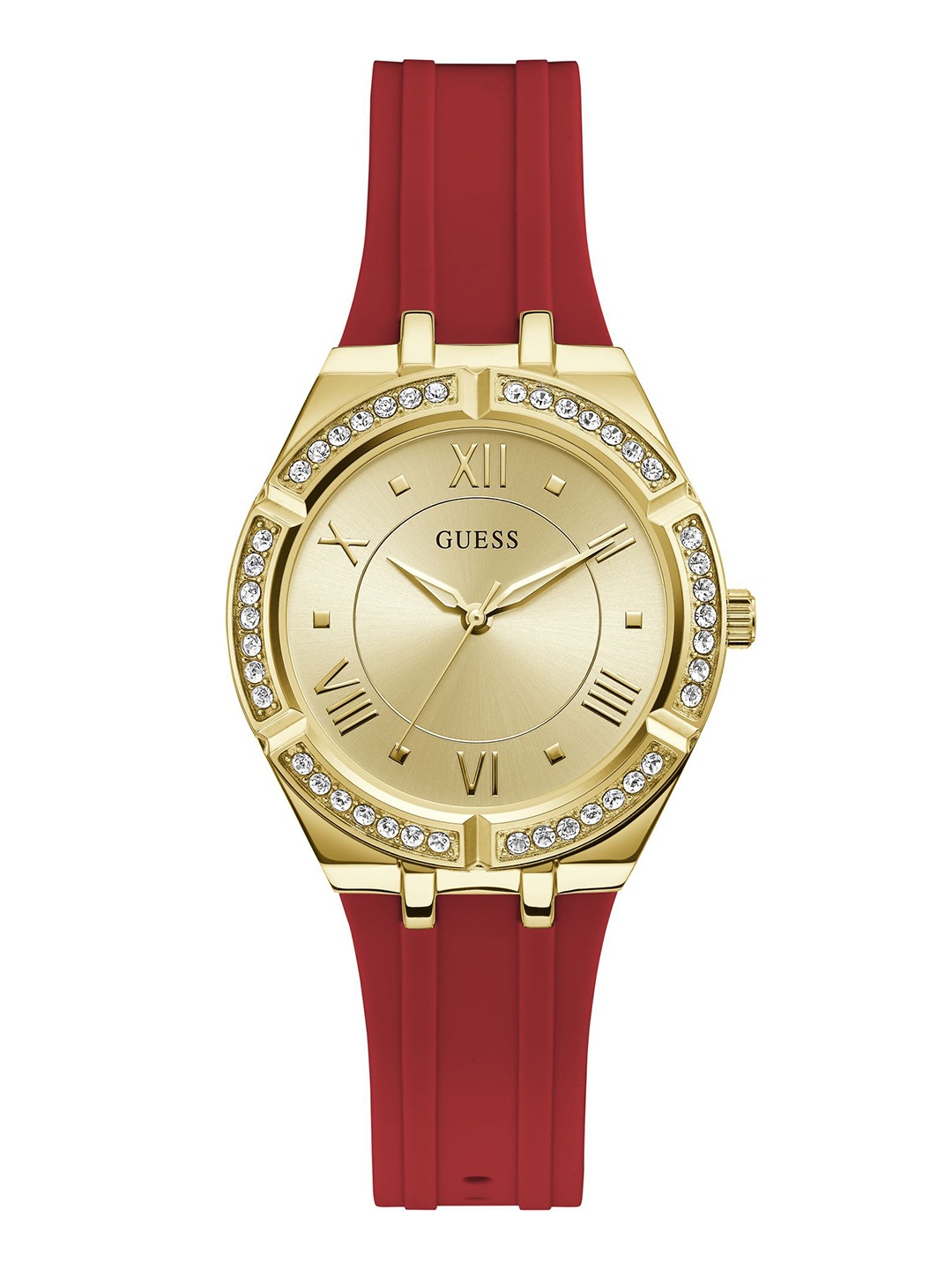 

GUESS Women Embellished Dial & Red Textured Straps Analogue Watch GW0034L6, Gold