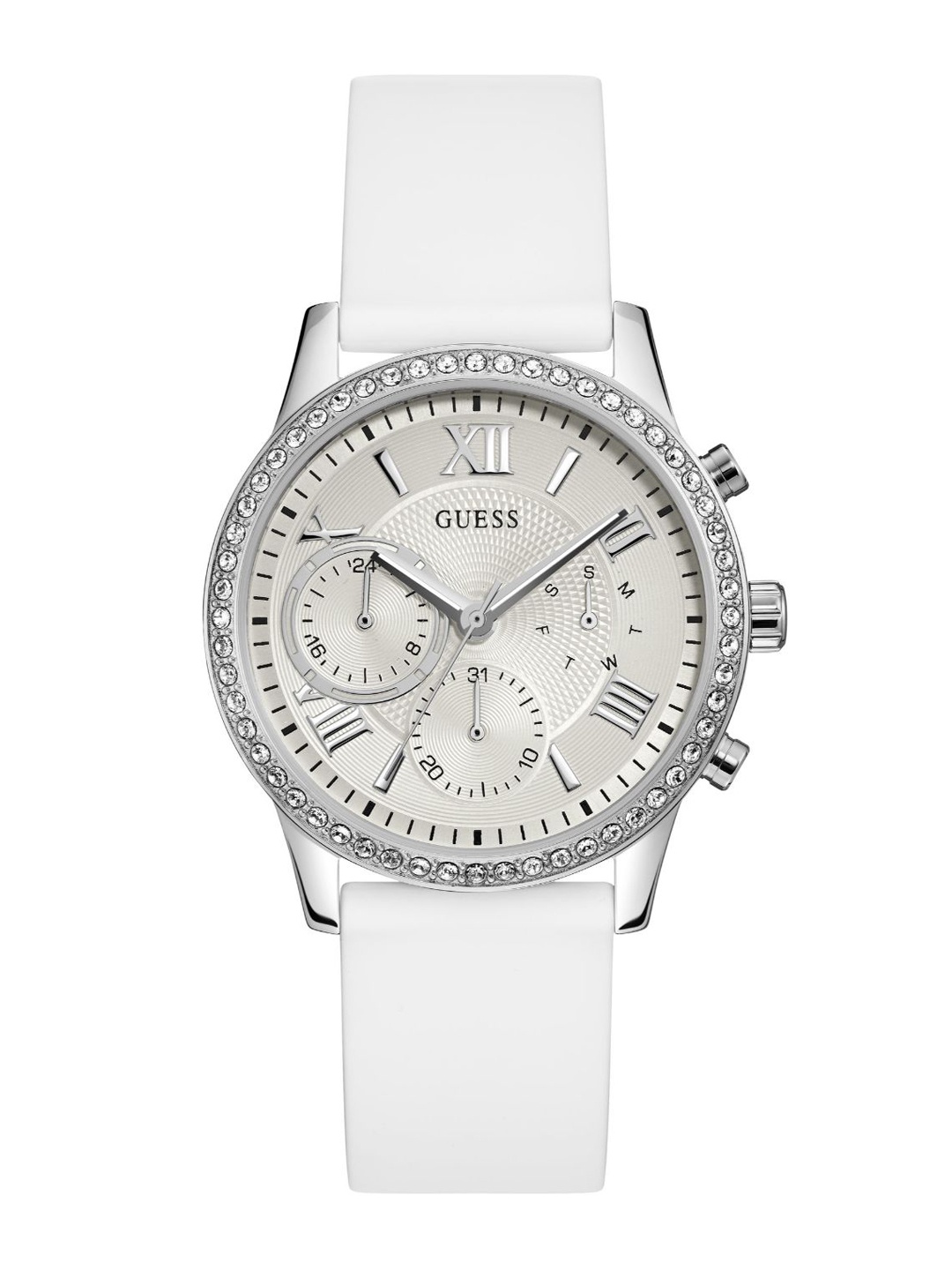

GUESS Women Brass Embellished Dial & Straps Analogue Watch W1135L7, White