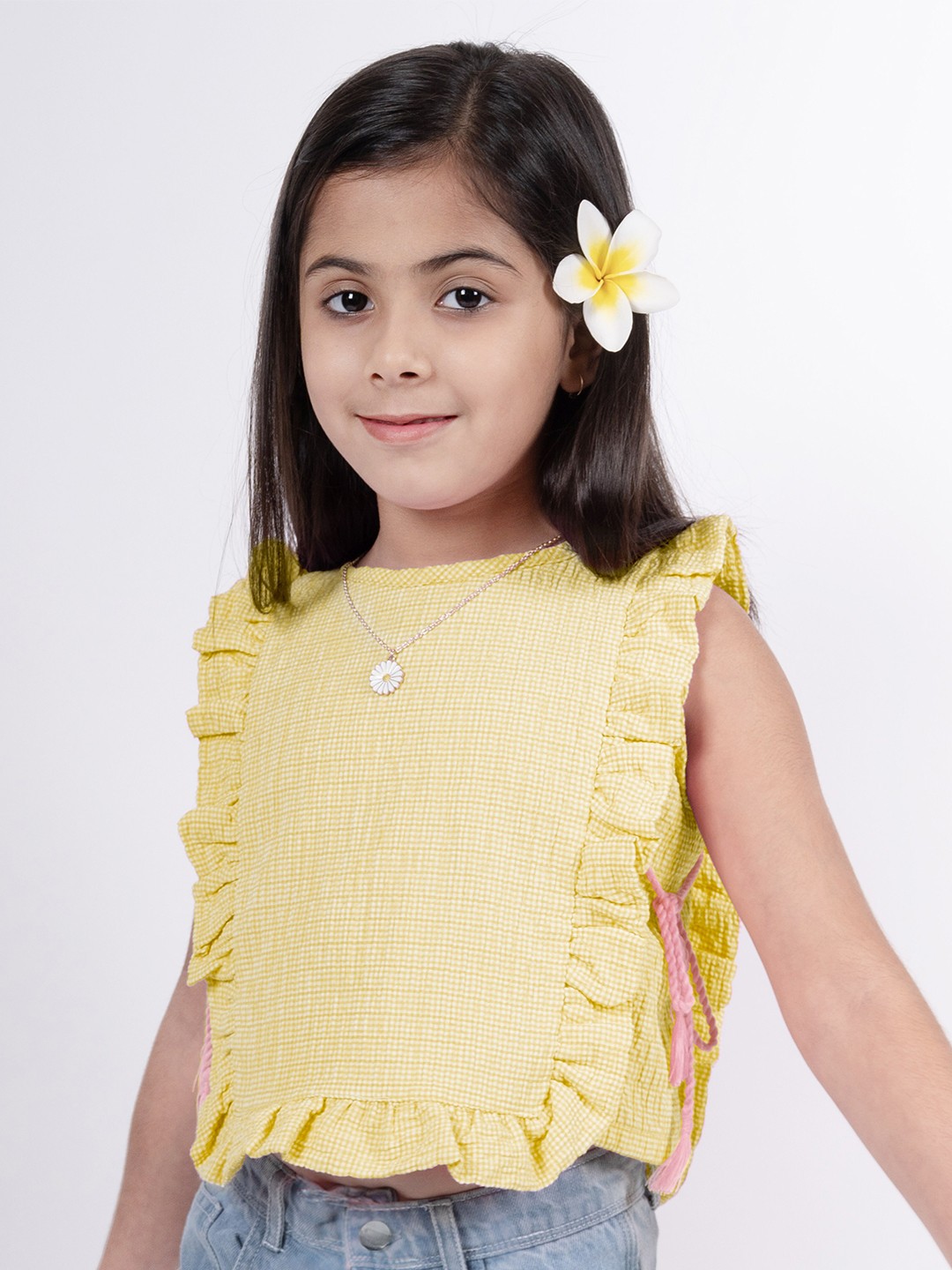 

Little Carrot Girls Self Design Sleeveless Ruffles Detail Top, Yellow