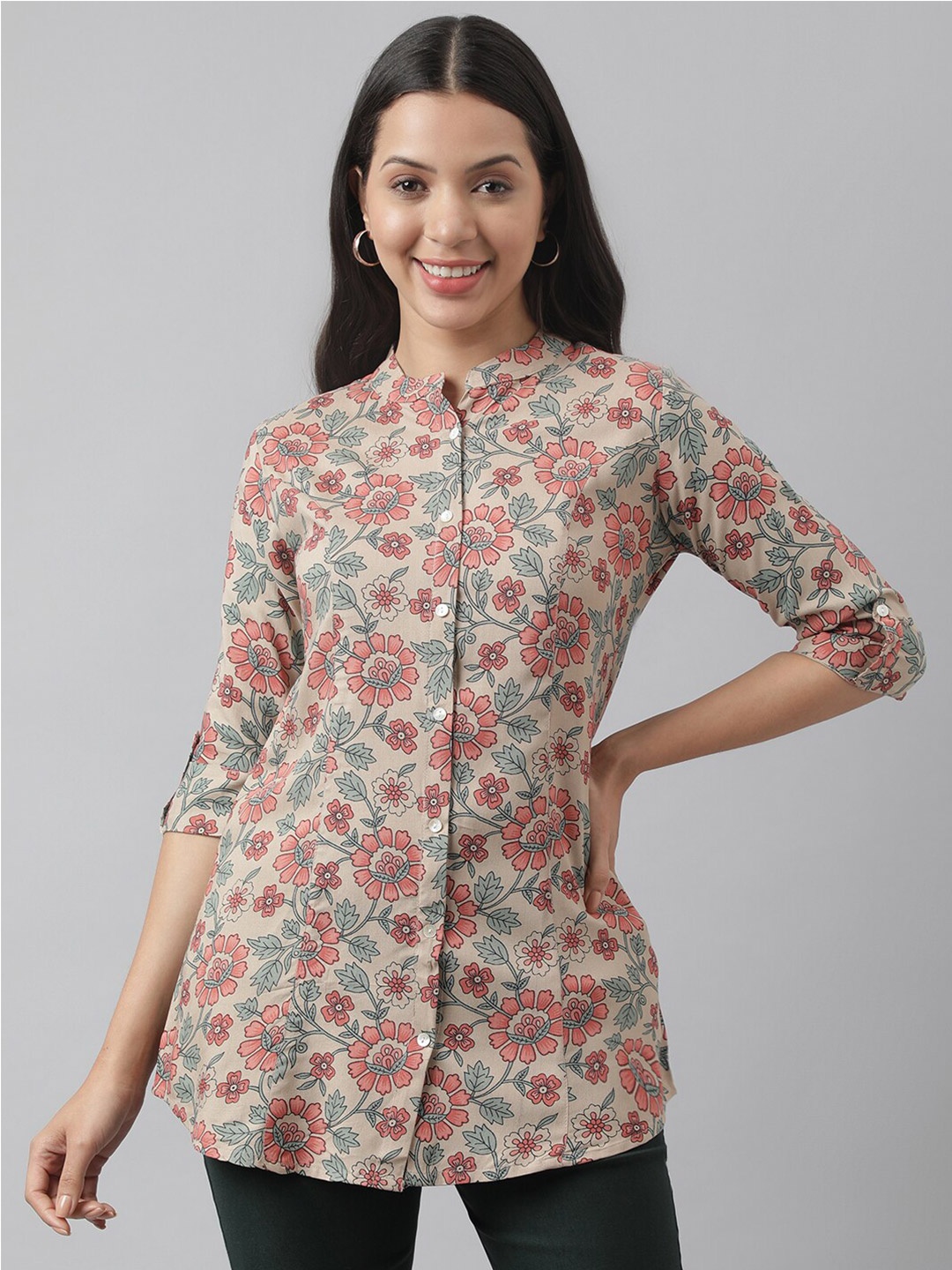 

Divena Floral Print Mandarin Collar Shirt Style Longline Top, Beige