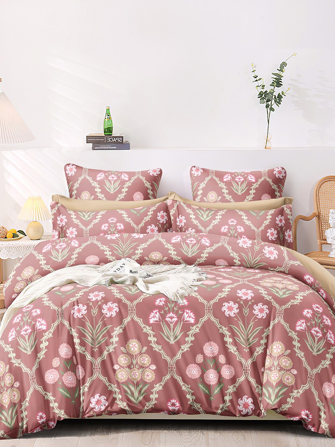 

AEROHAVEN Premium Red & White Floral Cotton 300 TC King Bedsheet With 2 Pillow Covers