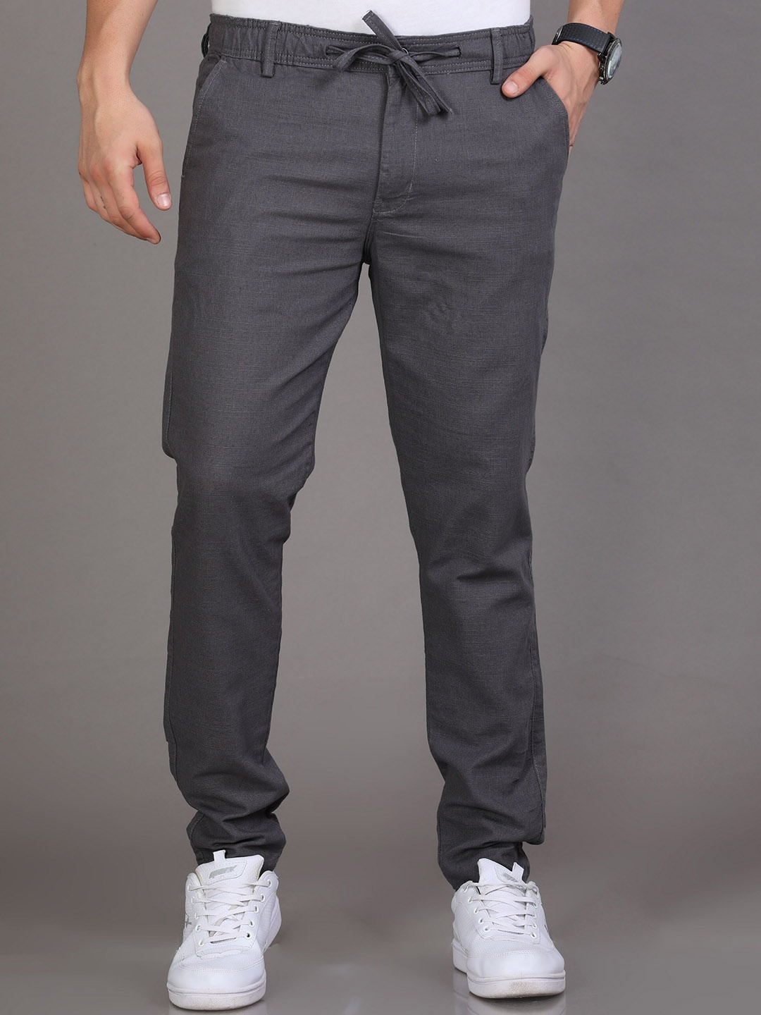 

Reslag Men Mid-Rise Linen Trousers, Grey