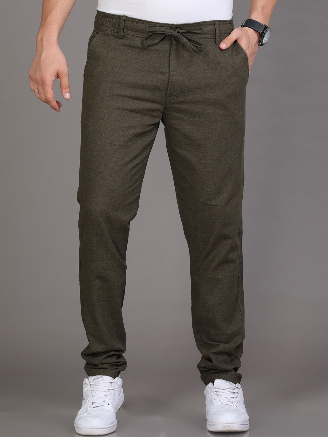 

Reslag Men Mid-Rise Linen Trousers, Olive