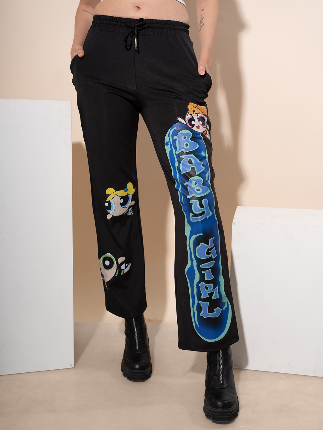 

Stylecast X Hersheinbox Women Powerpuff Printed Straight Fit Trousers, Black