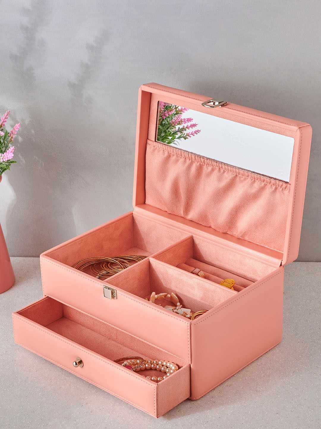 

Home Centre Orion Emma Peach-Colored Wooden 2-Tiered Jewellery Box