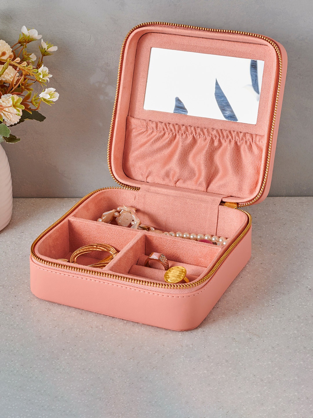 

Home Centre Peach-Coloured Orion Emma Wooden Square Jewellery Box