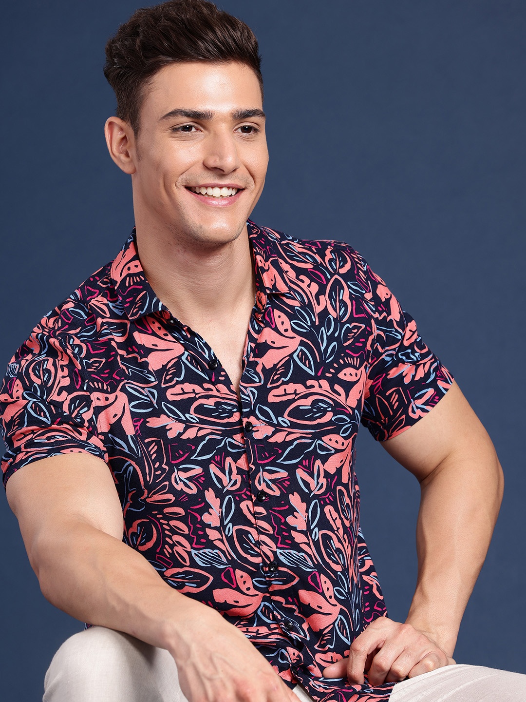 

Mast & Harbour Tropical Printed Casual Shirt, Navy blue