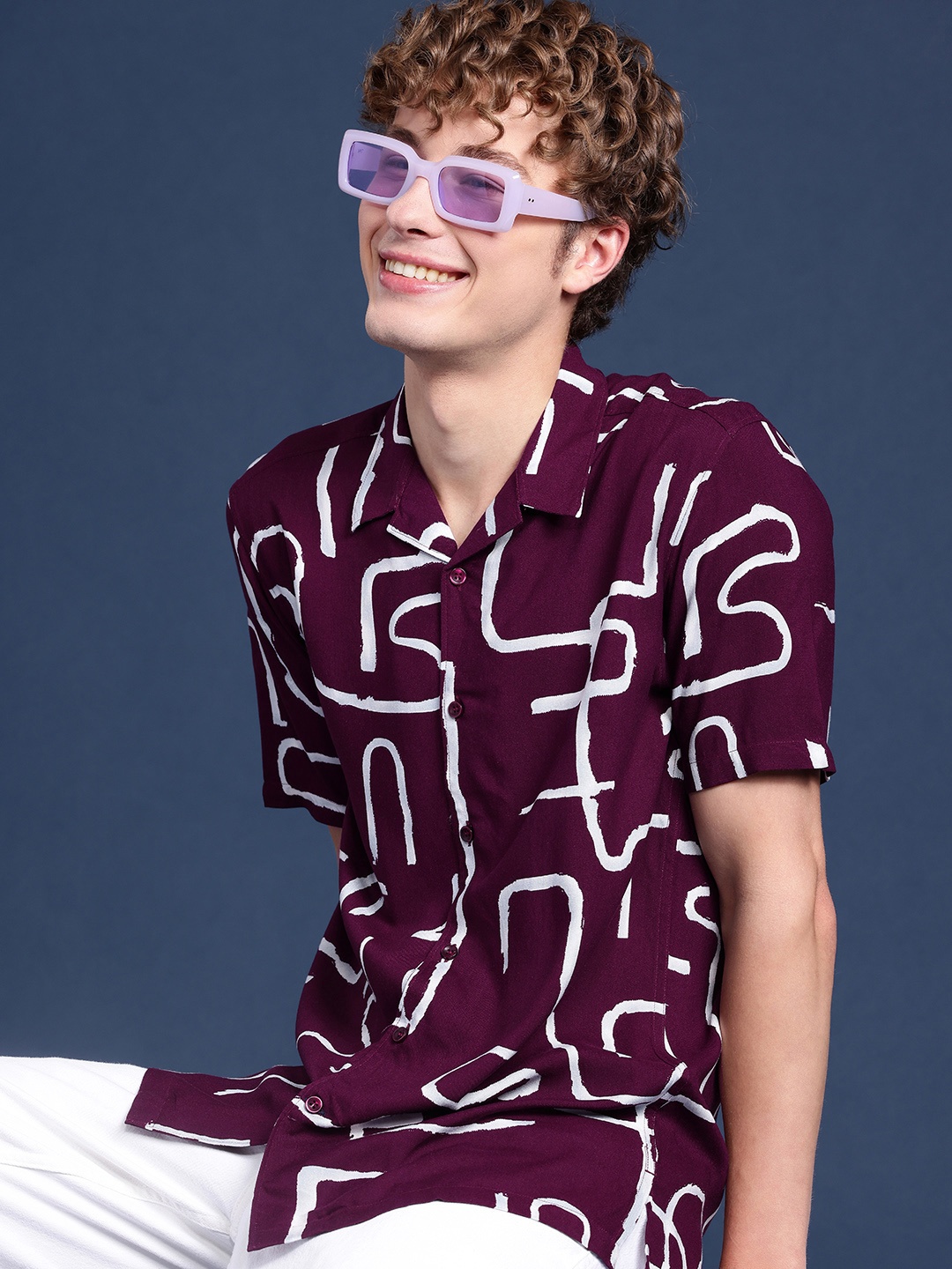 

Mast & Harbour Abstract Printed Cuban Collar Casual Shirt, Burgundy
