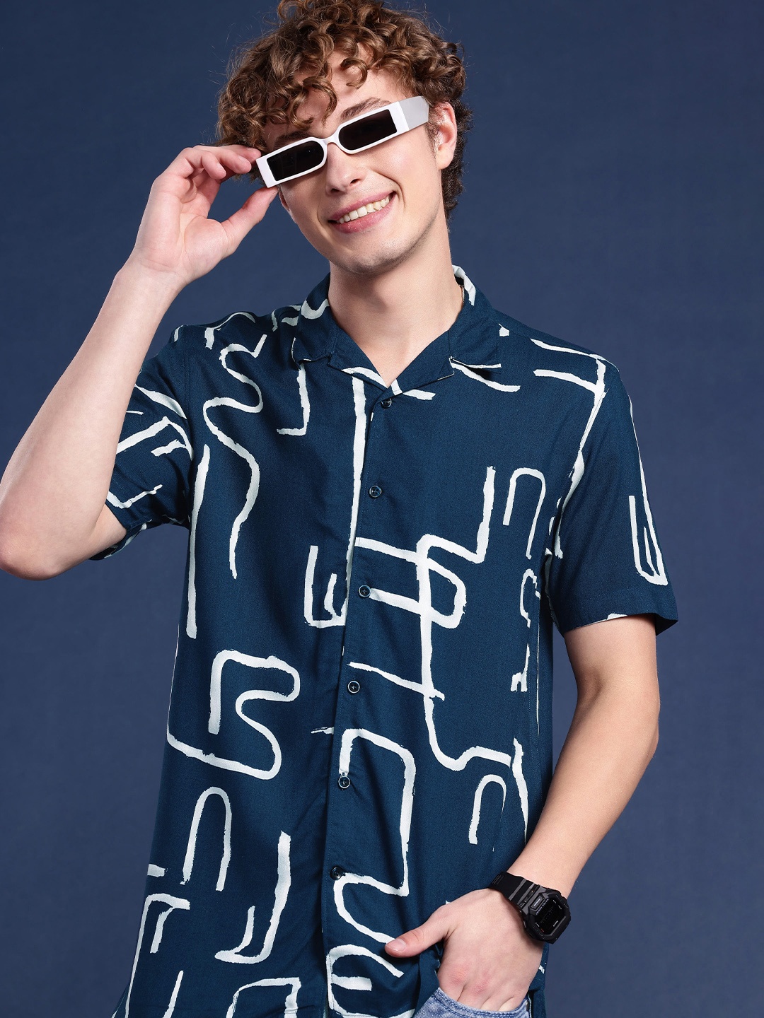 

Mast & Harbour Printed Casual Shirt, Navy blue