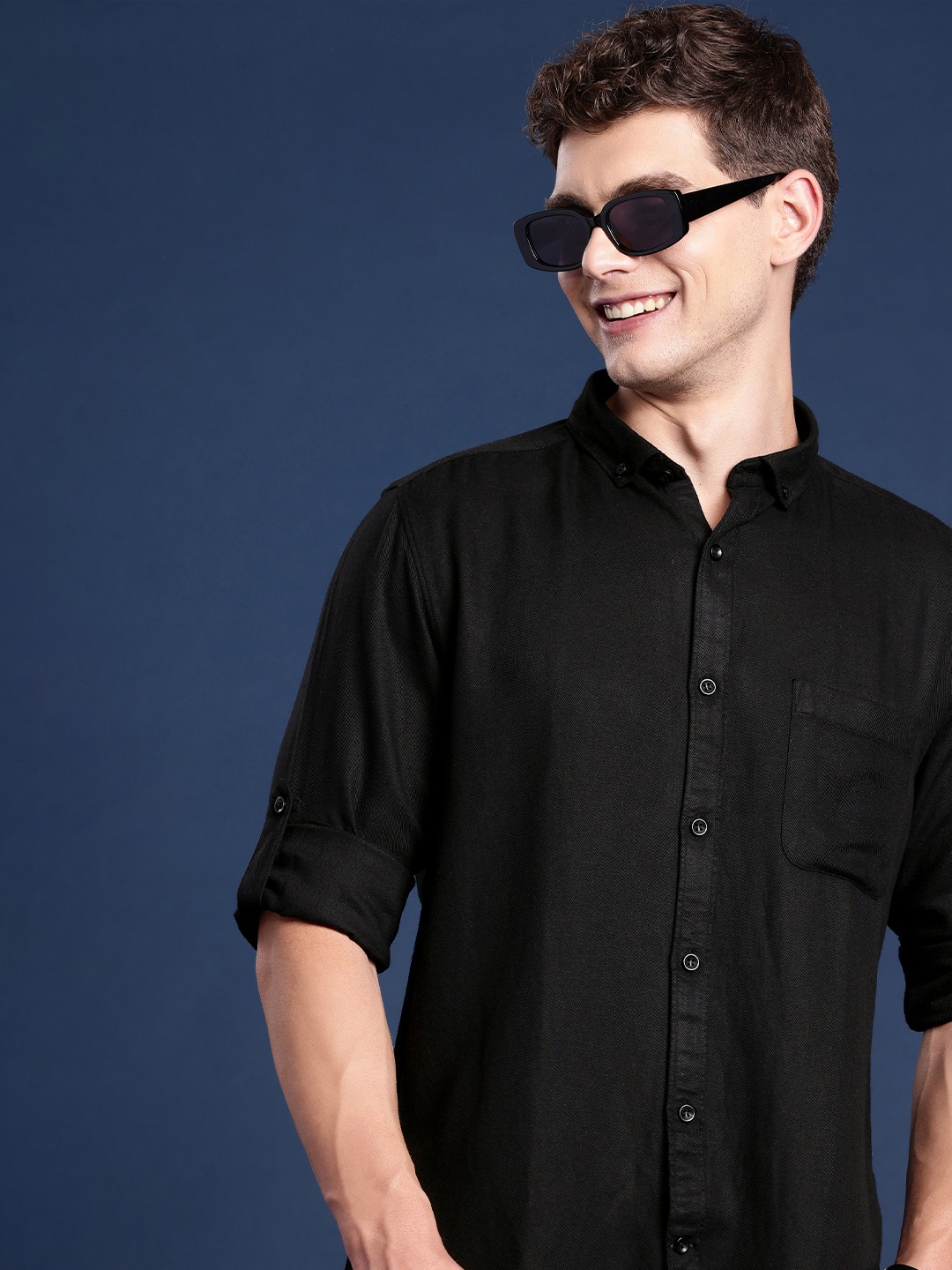 

Mast & Harbour Solid Viscose Linen Casual Shirt, Black
