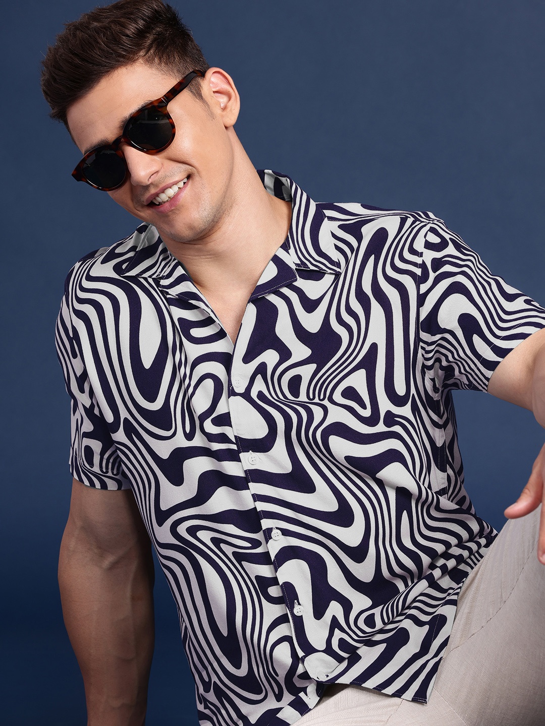 

Mast & Harbour Abstract Printed Cuban Collar Casual Shirt, Navy blue
