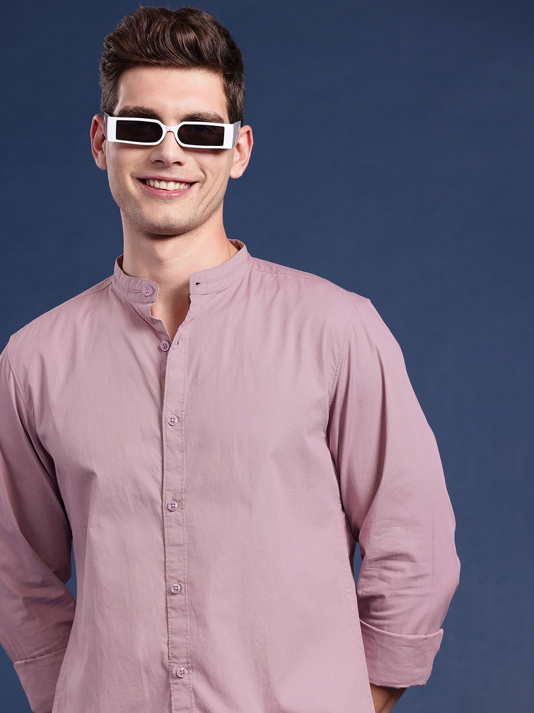 

Mast & Harbour Pure Cotton Solid Band Collar Casual Shirt, Mauve