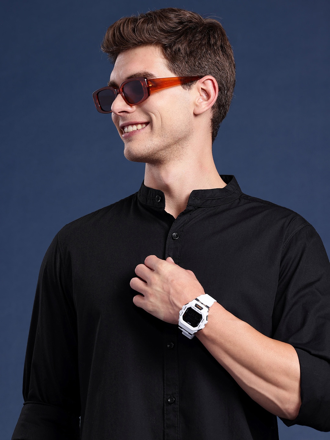 

Mast & Harbour Pure Cotton Solid Band Collar Casual Shirt, Black