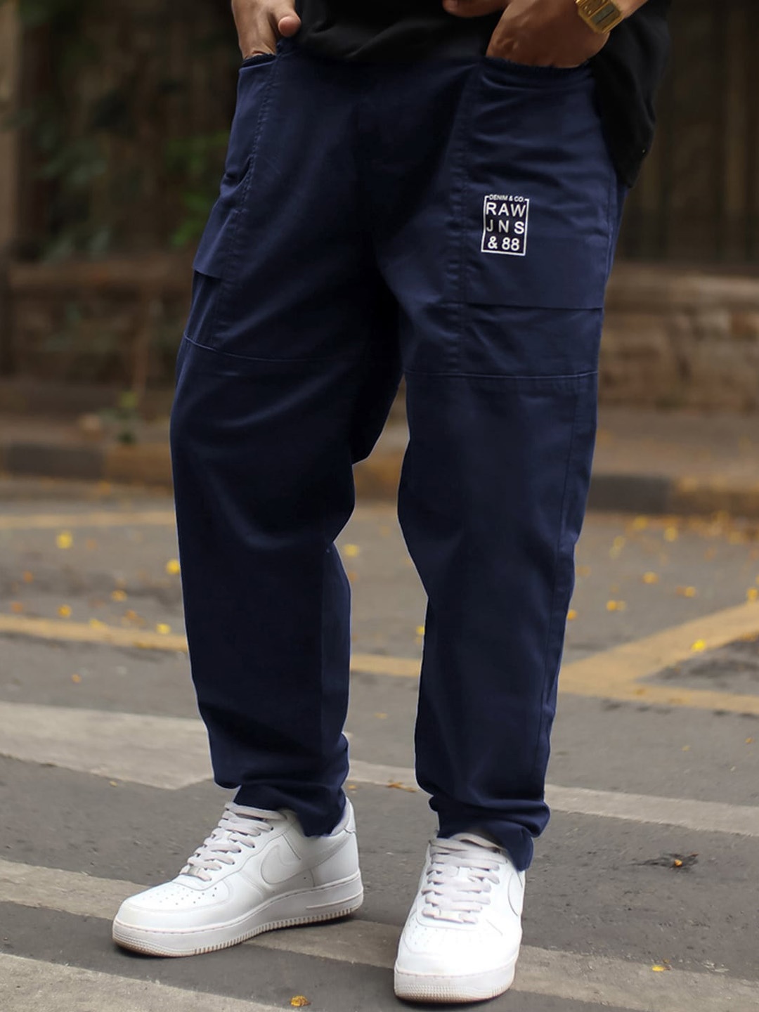 

Powerlook Men Navy Blue Clean Look Pure Cotton Cargo Jeans