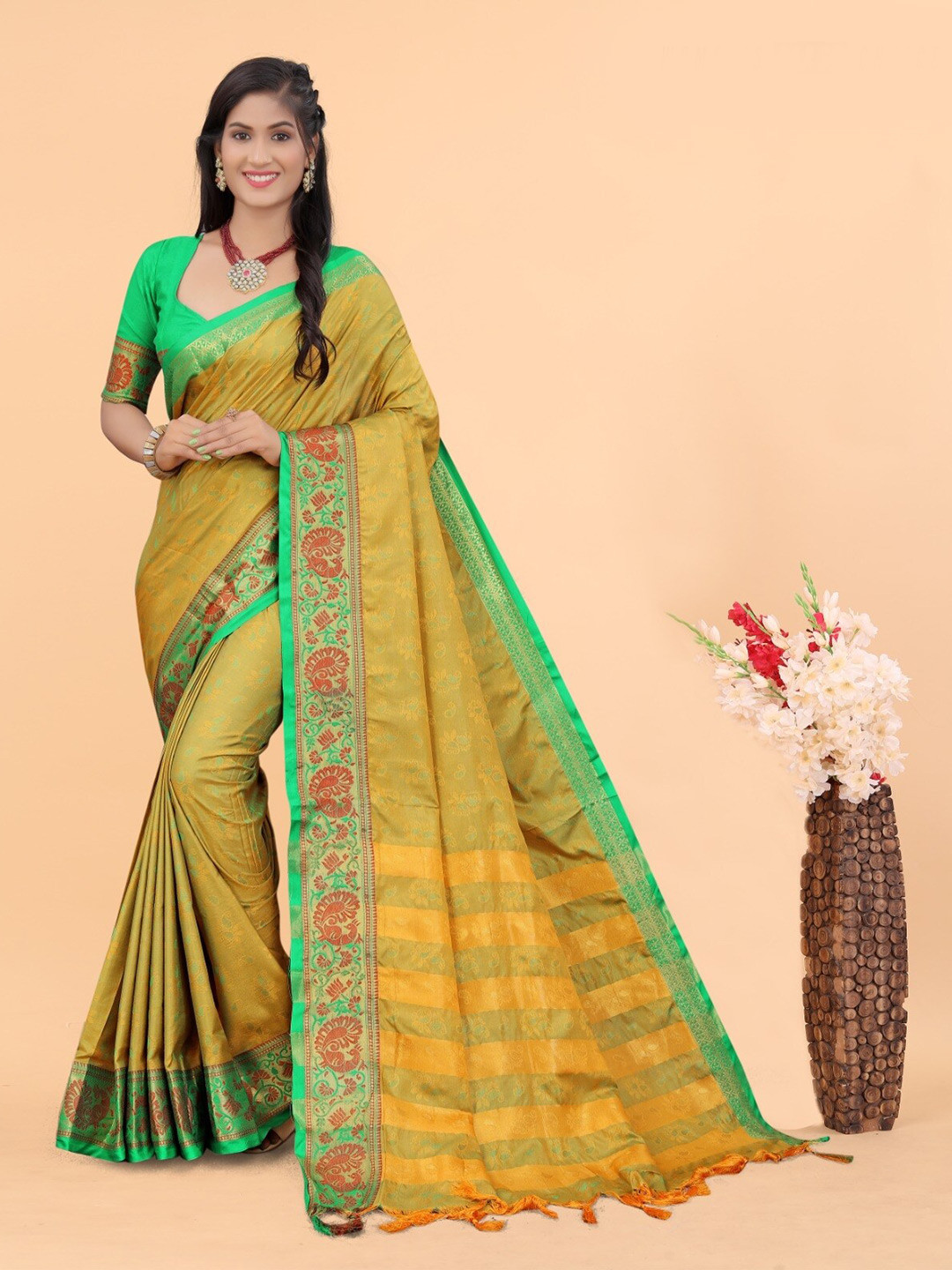 

MAGMINA Ethnic Motifs Woven Design Zari Pure Silk Banarasi Saree, Mustard