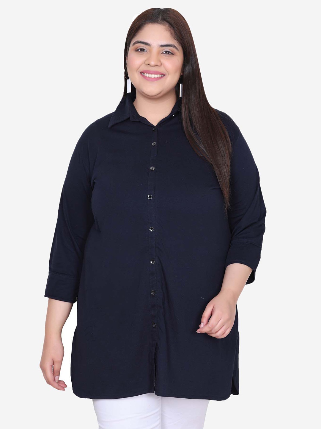 IN Love Plus Size Classic Casual Cotton Longline Shirt, Navy blue
