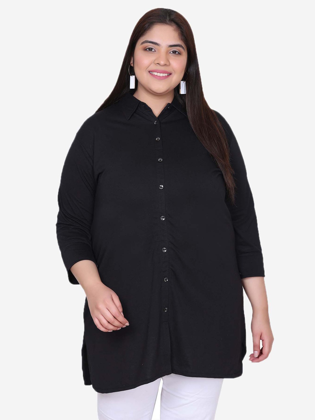 

IN Love Plus Size Classic Spread Collar Cotton LongLine Shirt, Black