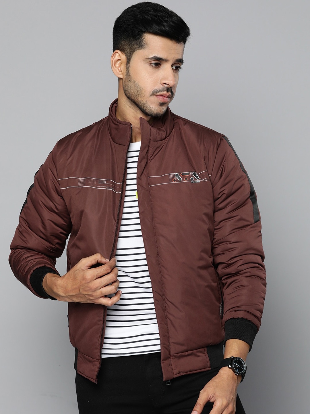 

Fort Collins Men Mock Collar Bomber With Patchwork Jacket, Maroon