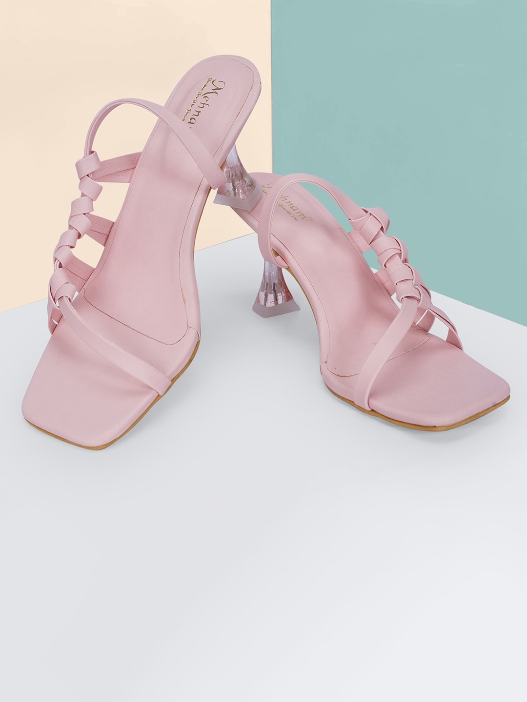 

MEHNAM Knotted Detail Open Toe Block Heels, Pink