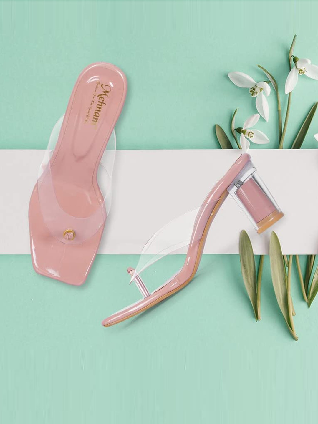 

MEHNAM Open Toe Transparent Block Heels, Peach