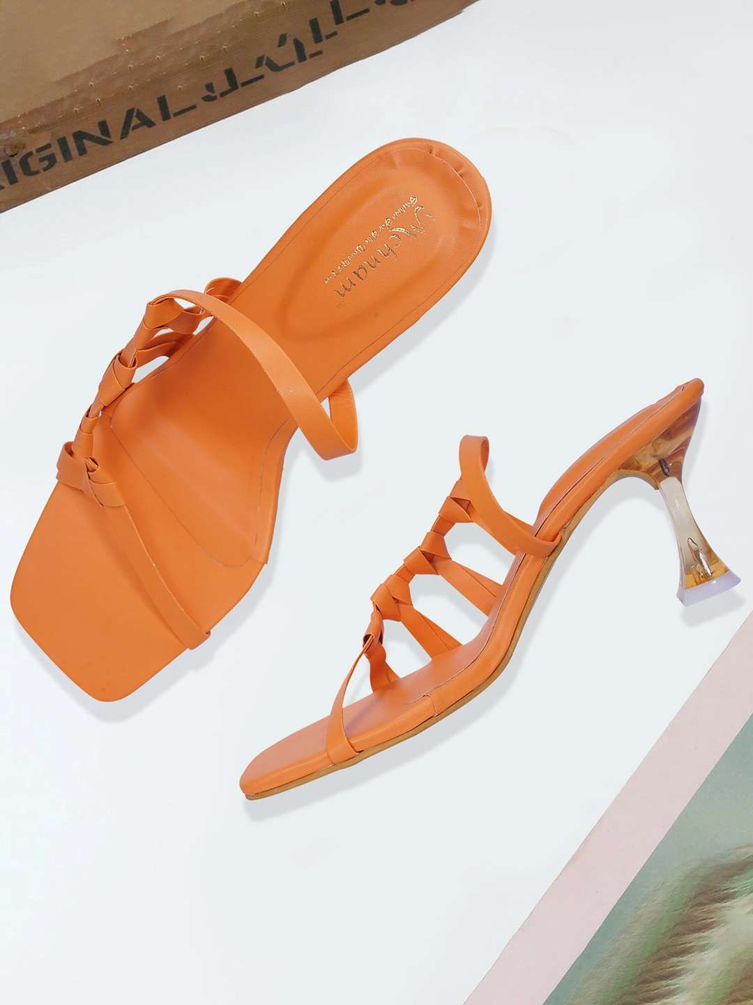 

MEHNAM Knotted Detail Open Toe Block Heels, Orange