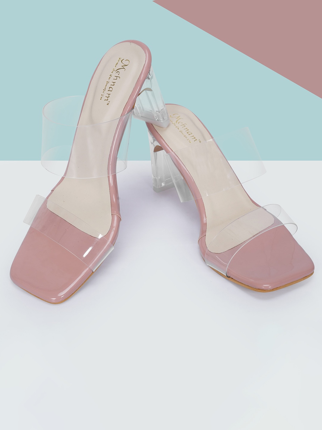 

MEHNAM Embellished Transparent Open Black Heels, Peach