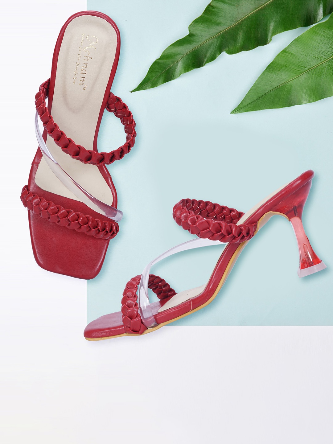 

MEHNAM Braided Open Toe Block Heels, Maroon