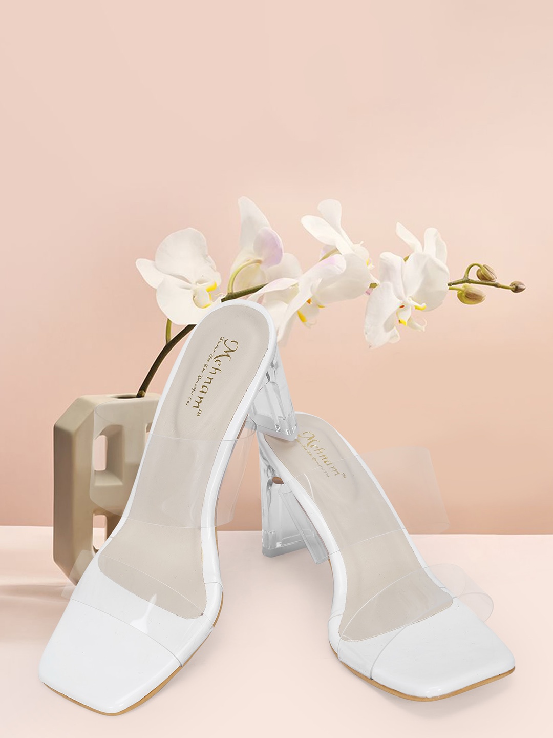 

MEHNAM Square Toe Block Heels, White