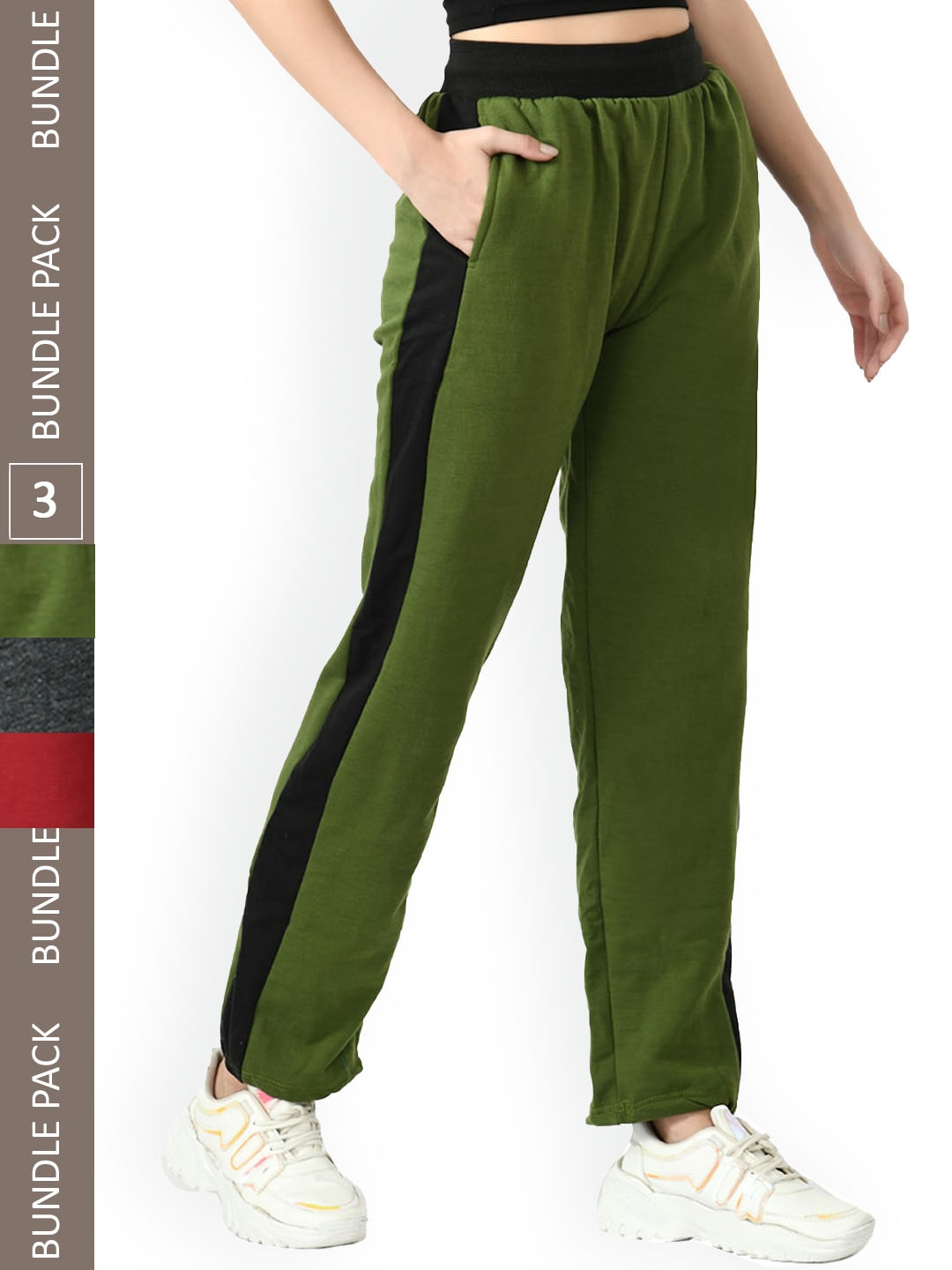 

IndiWeaves Women Pack of 3 Side Panel Detail Track Pants, Green
