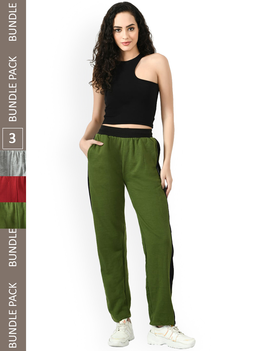 

IndiWeaves Women Pack Of 3 Side Pockets Track Pants, Green