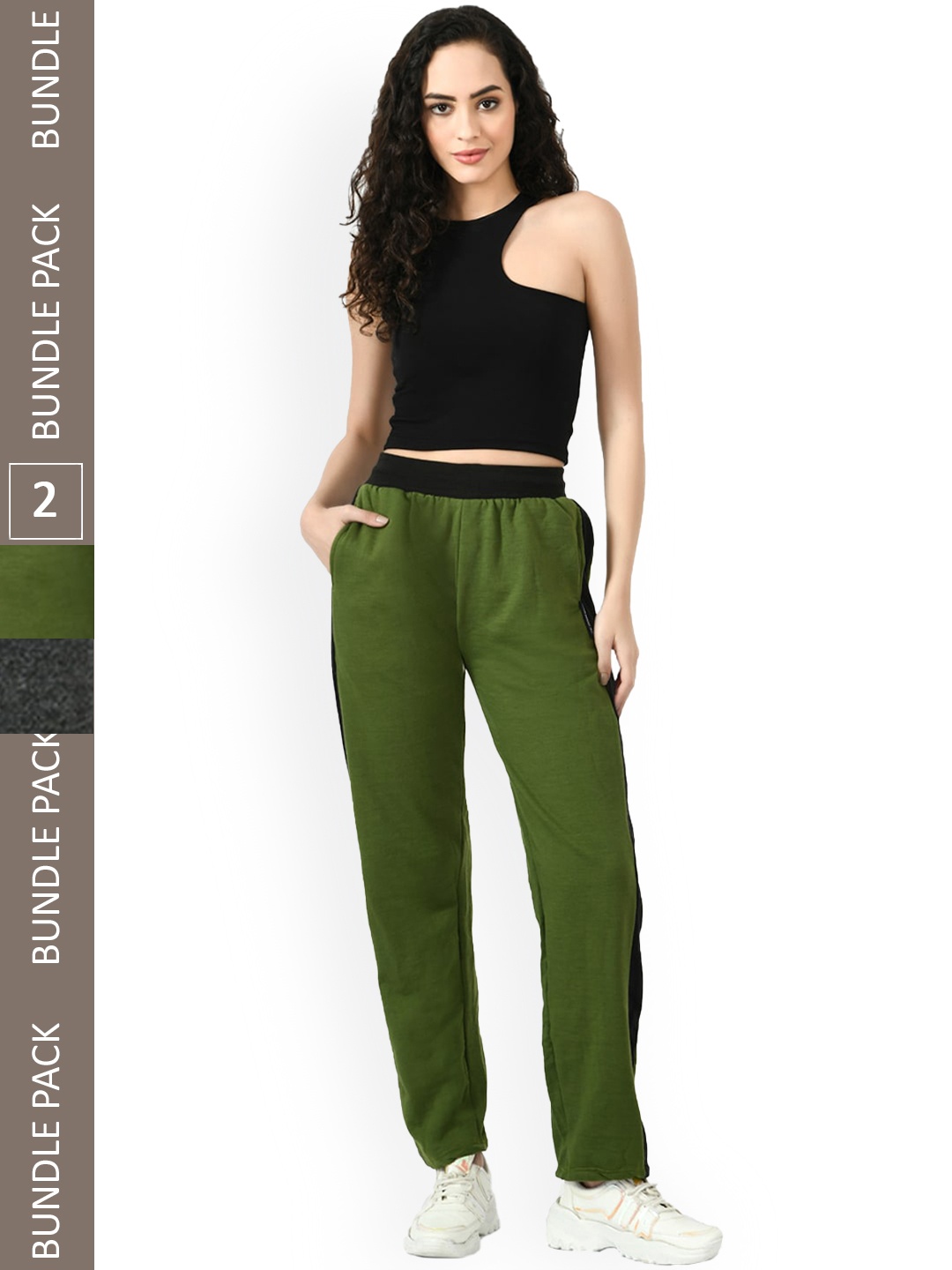 

IndiWeaves Women Pack Of 2 Side Striped Mid-Rise Track Pants, Green